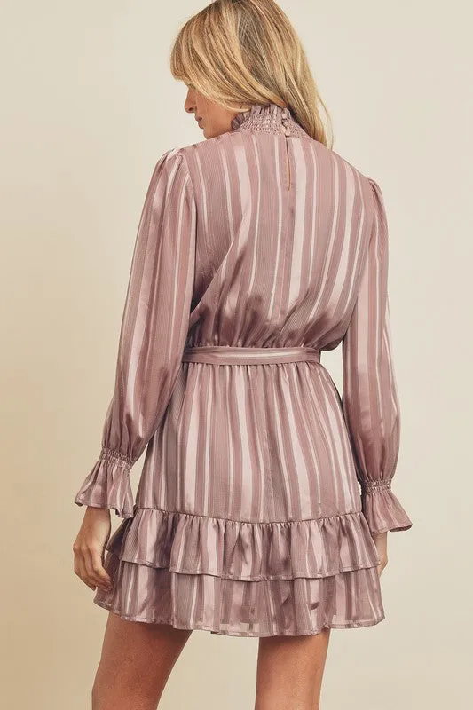 Satin Stripe High Neck Ruffled Dress