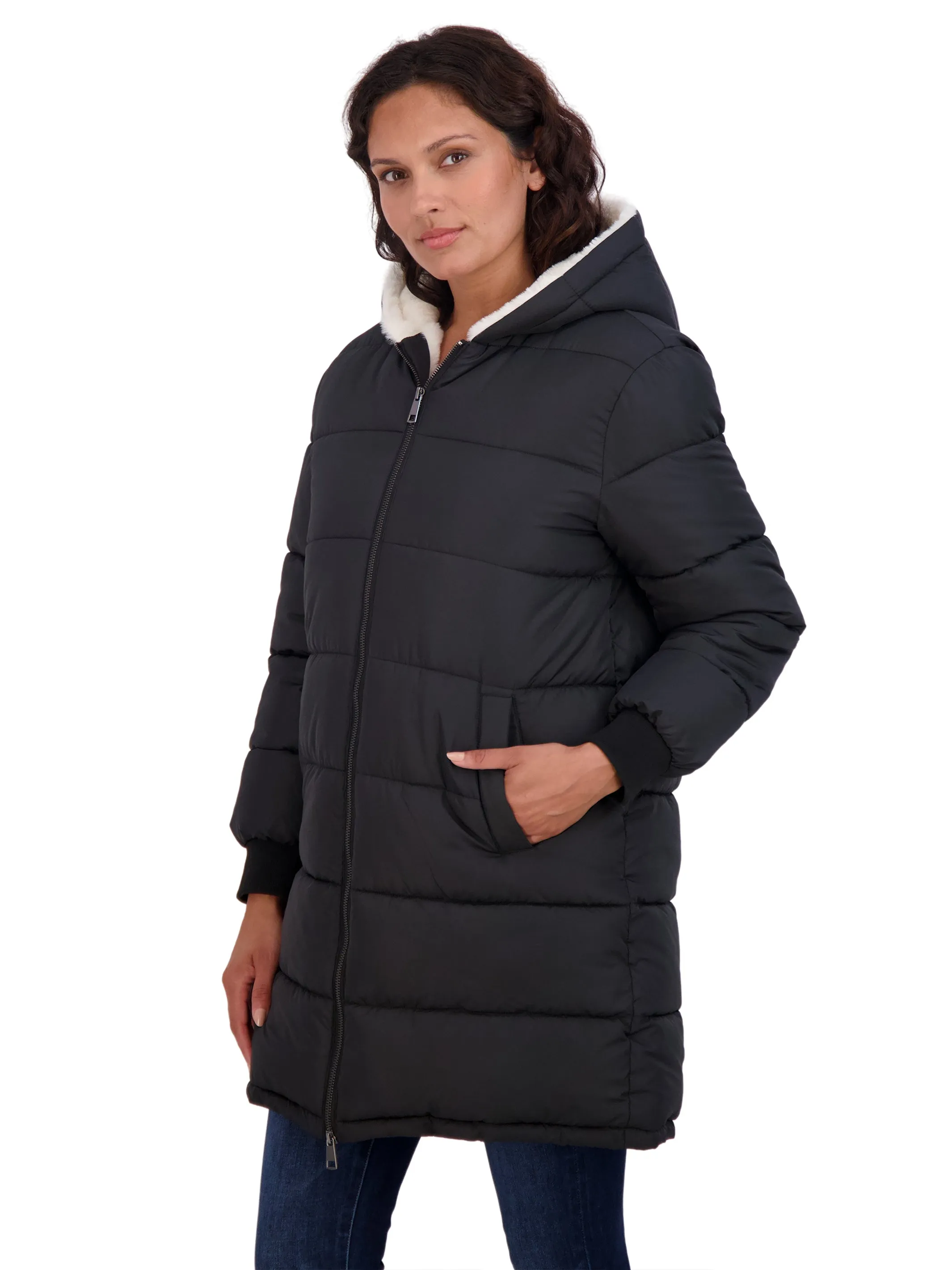 Sebby Collection Women's Long Faux Fur Lined Puffer Jacket with Hood