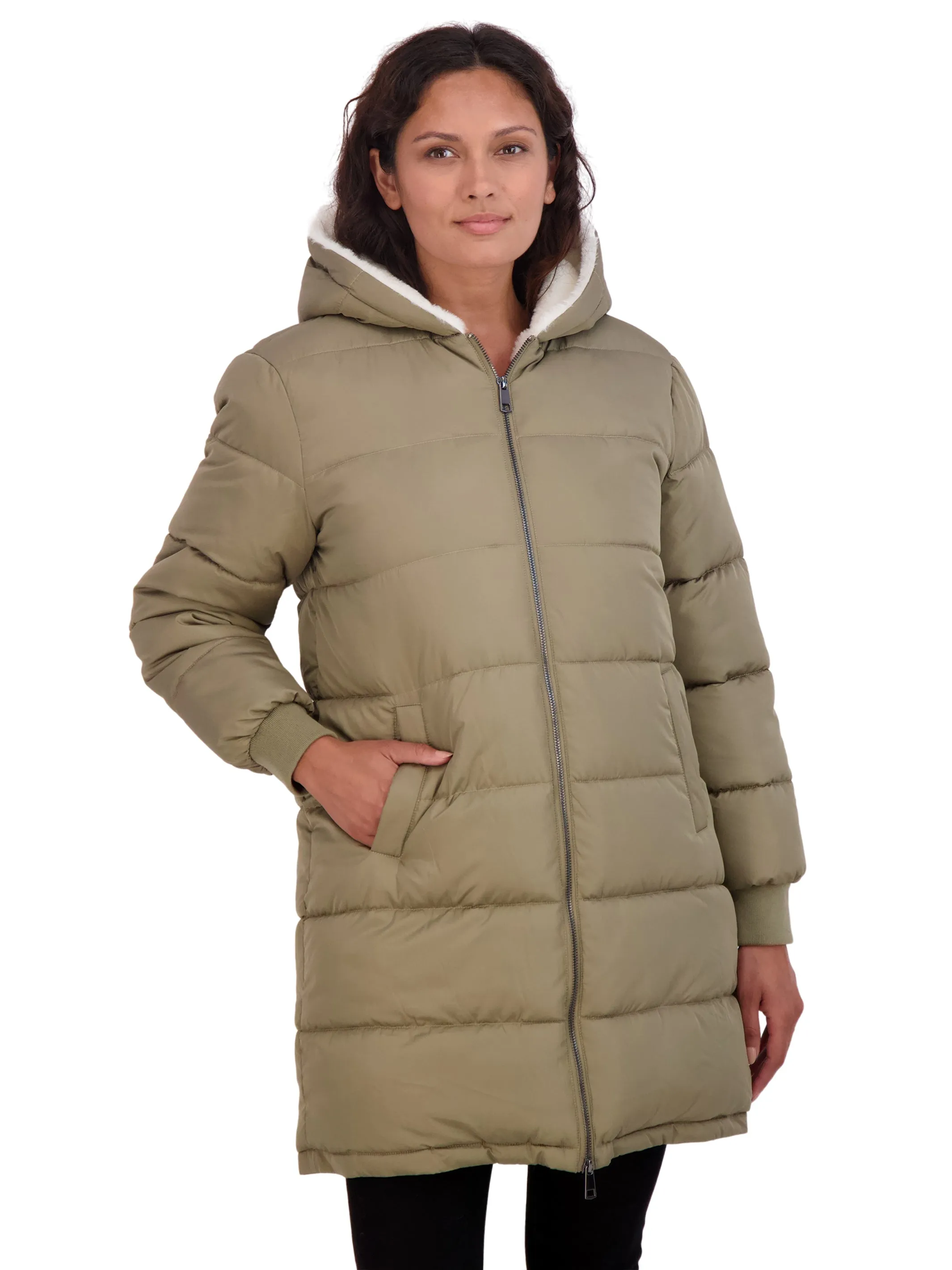 Sebby Collection Women's Long Faux Fur Lined Puffer Jacket with Hood