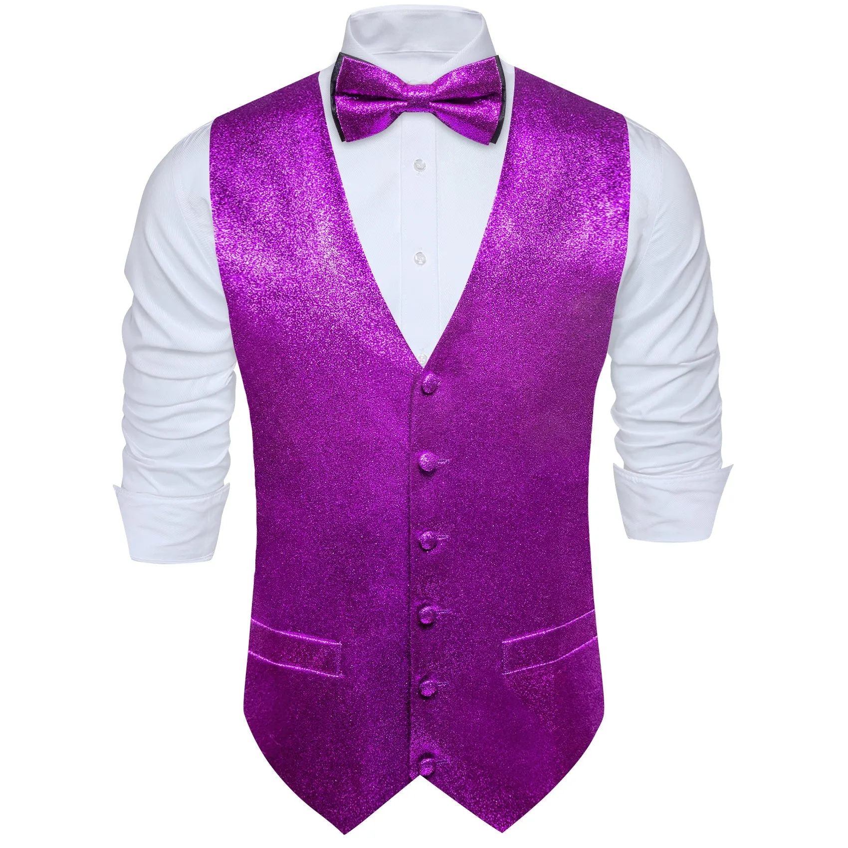 Shining Purple Glitter Solid Jacquard Silk Men's Vest Bow Tie Set Waistcoat Suit Set