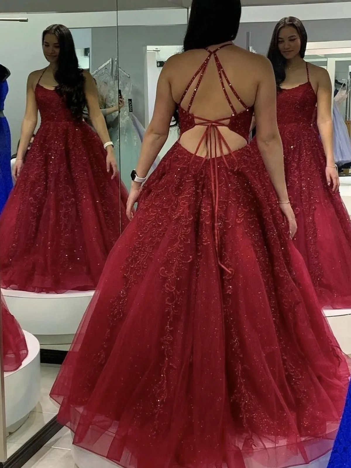 Shiny Tulle Backless Burgundy Lace Long Prom Dresses, Burgundy Lace Formal Dresses, Burgundy Evening Dresses