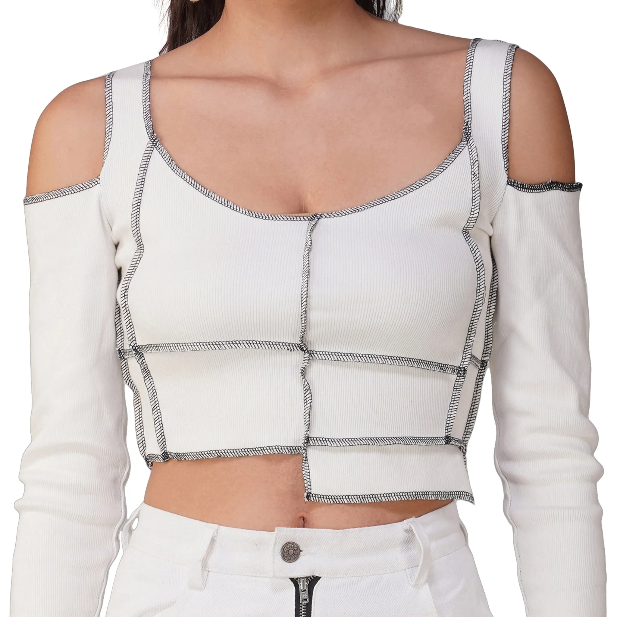 SLAY. Women's Contrast Stitch White Cold Shoulder Rib Full Sleeves Top