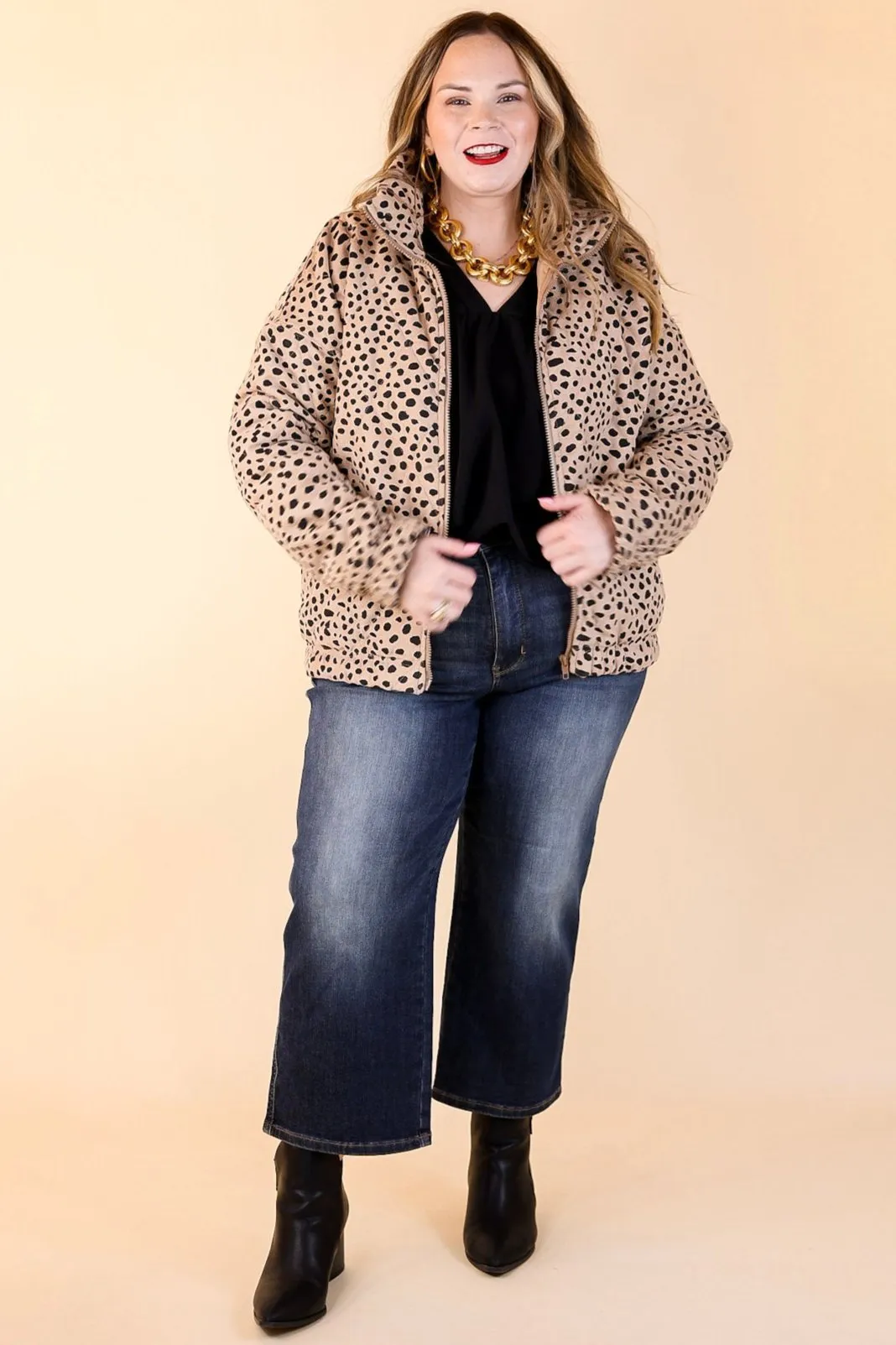 Snowy Sundays Dotted Zip Up Puffer Jacket in Taupe