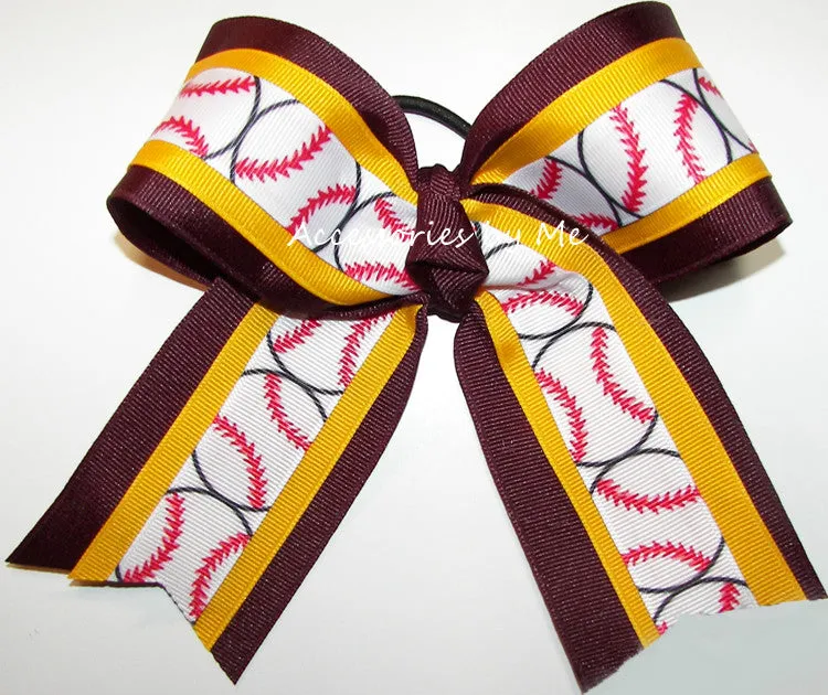 Softball Maroon Yellow Gold Ponytail Bow