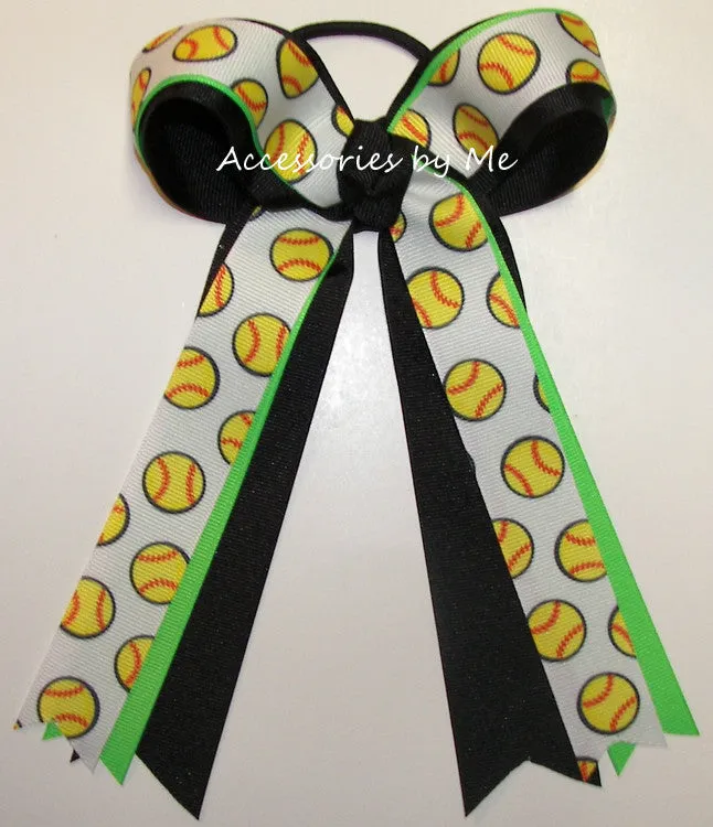 Softball Neon Green Black Ponytail Holder Bow