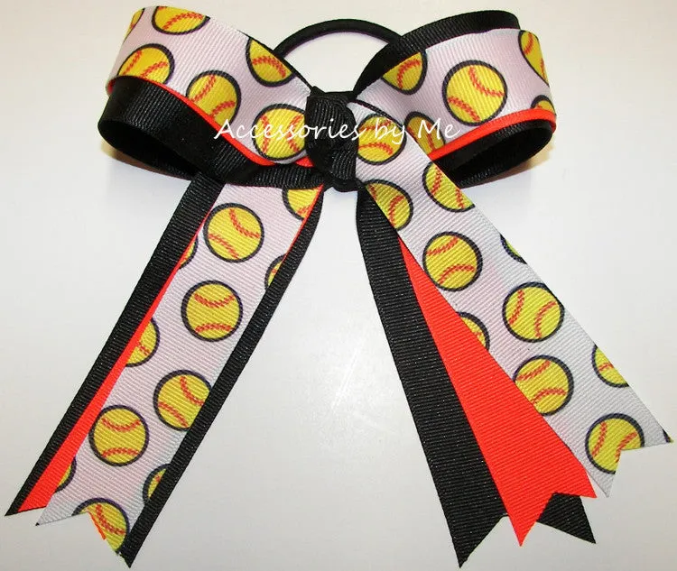 Softball Neon Orange Black Ponytail Bow