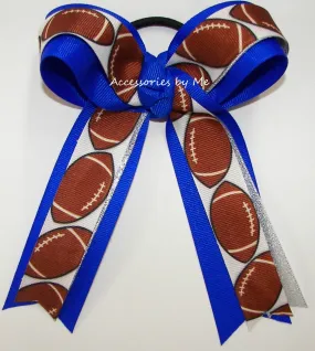 Sparkly Football Blue Silver Ponytail Bow