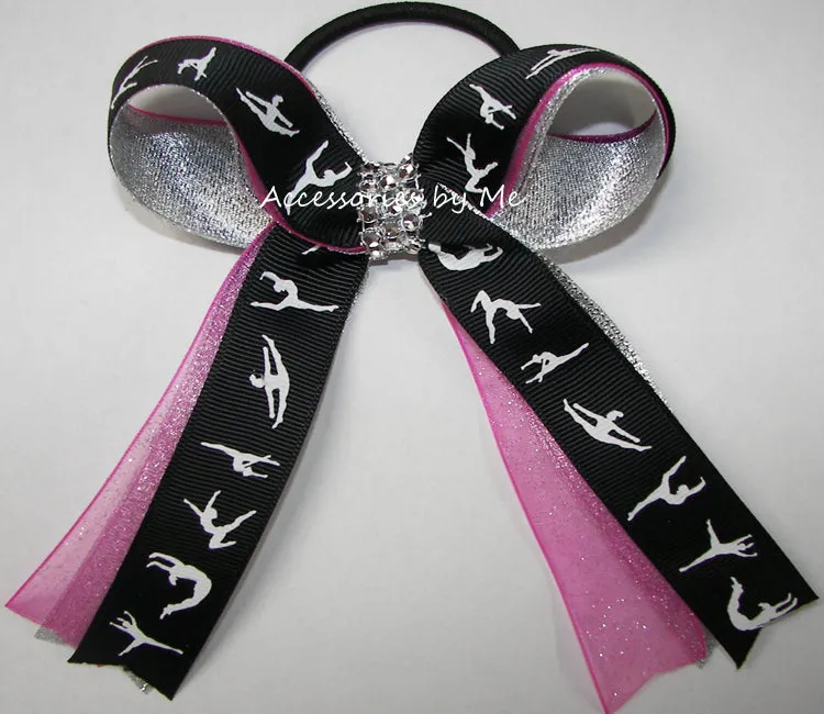 Sparkly Gymnastics Hot Pink Silver Ponytail Bow