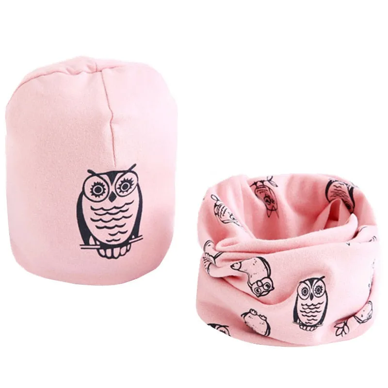 Spring Autumn Girls Hat Scarf Set Cartoon Owl Star Swan Baby Boy Girls Hat Set Children Hat Scarf-Collar Cotton Kids Hat Set