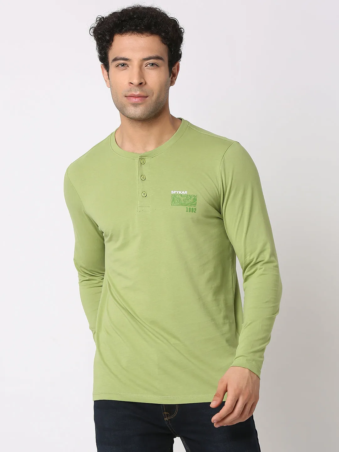 Spykar Men Dusty Green Cotton Slim Fit Henley Neck Plain T-Shirt