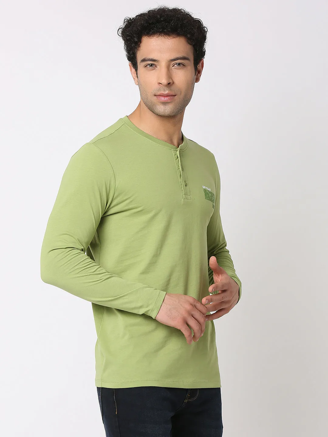 Spykar Men Dusty Green Cotton Slim Fit Henley Neck Plain T-Shirt