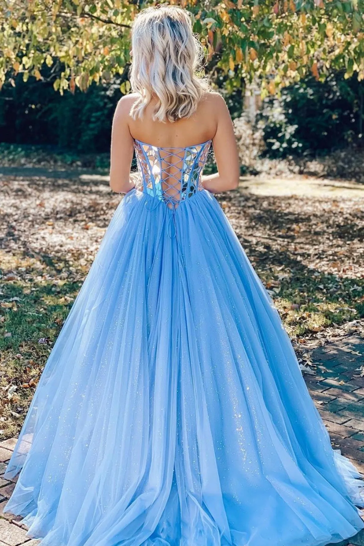 Strapless Shiny Sequins Blue Tulle Long Prom Dress, Long Blue Formal Dress, Sparkly Tulle Blue Evening Dress A1540