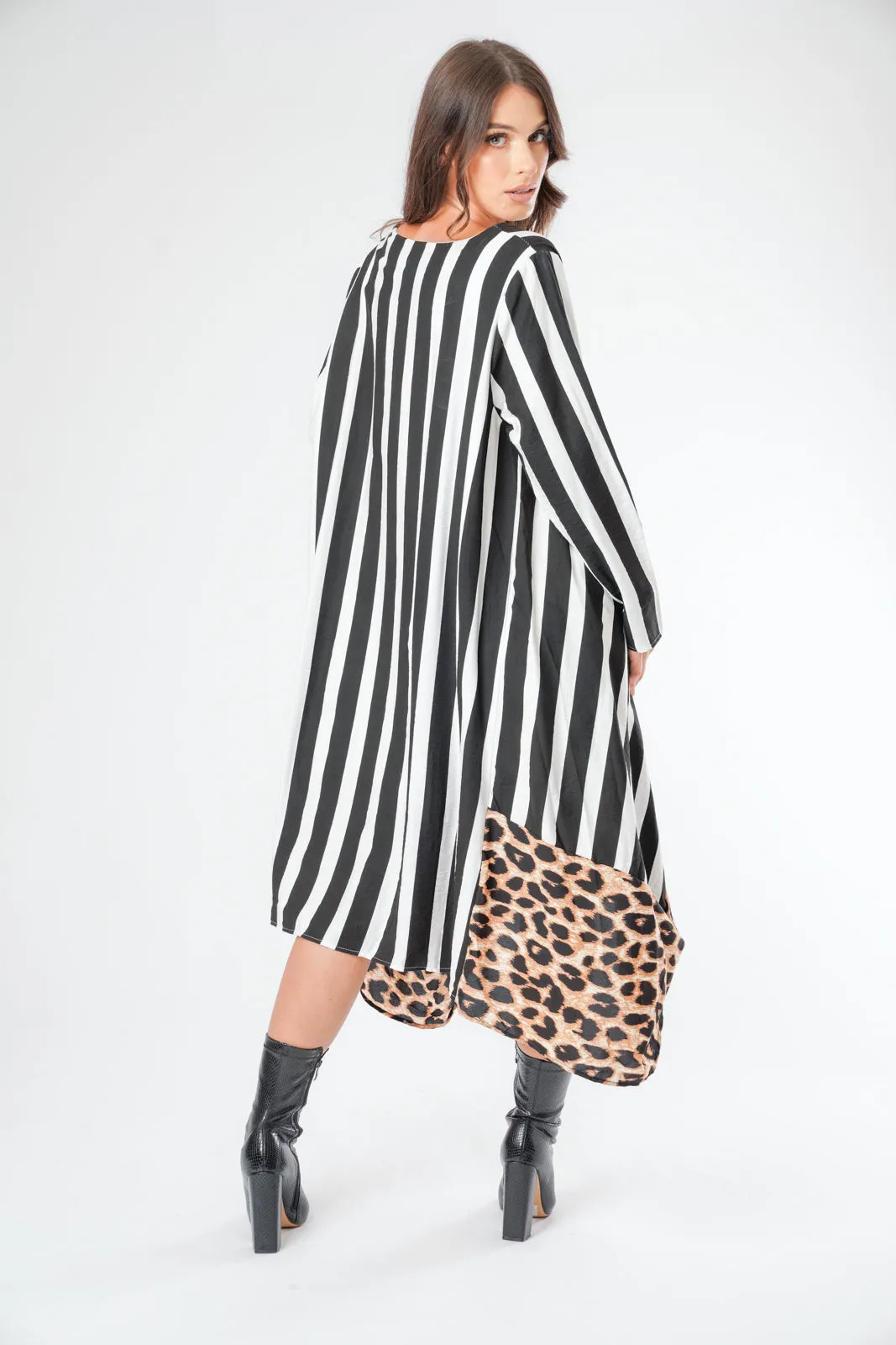 Stripe and Leopard Print Border Floaty Asymmetric Dress