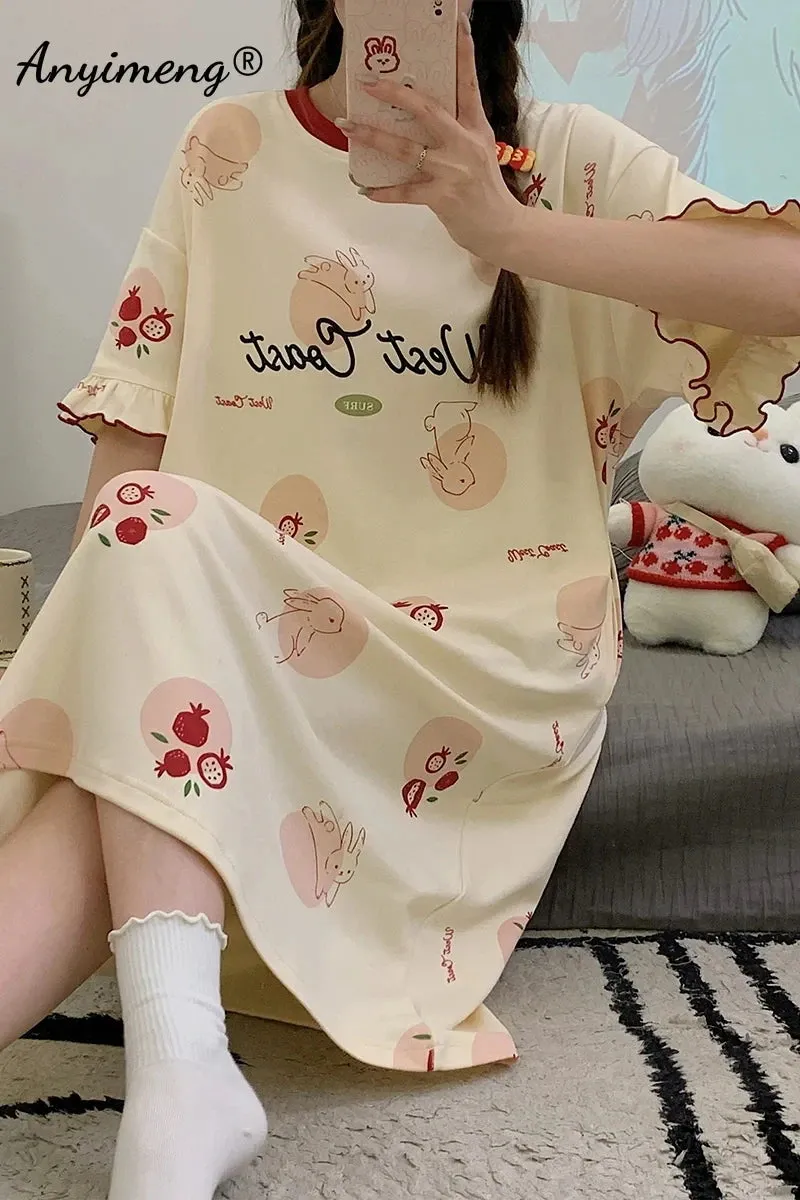 Summer Women's Pajamas Plus Size Ladies Home Ice Silk Nightgown Short Sleeve O Neck Dress 150Kg Women's Knee Length Nightgowns