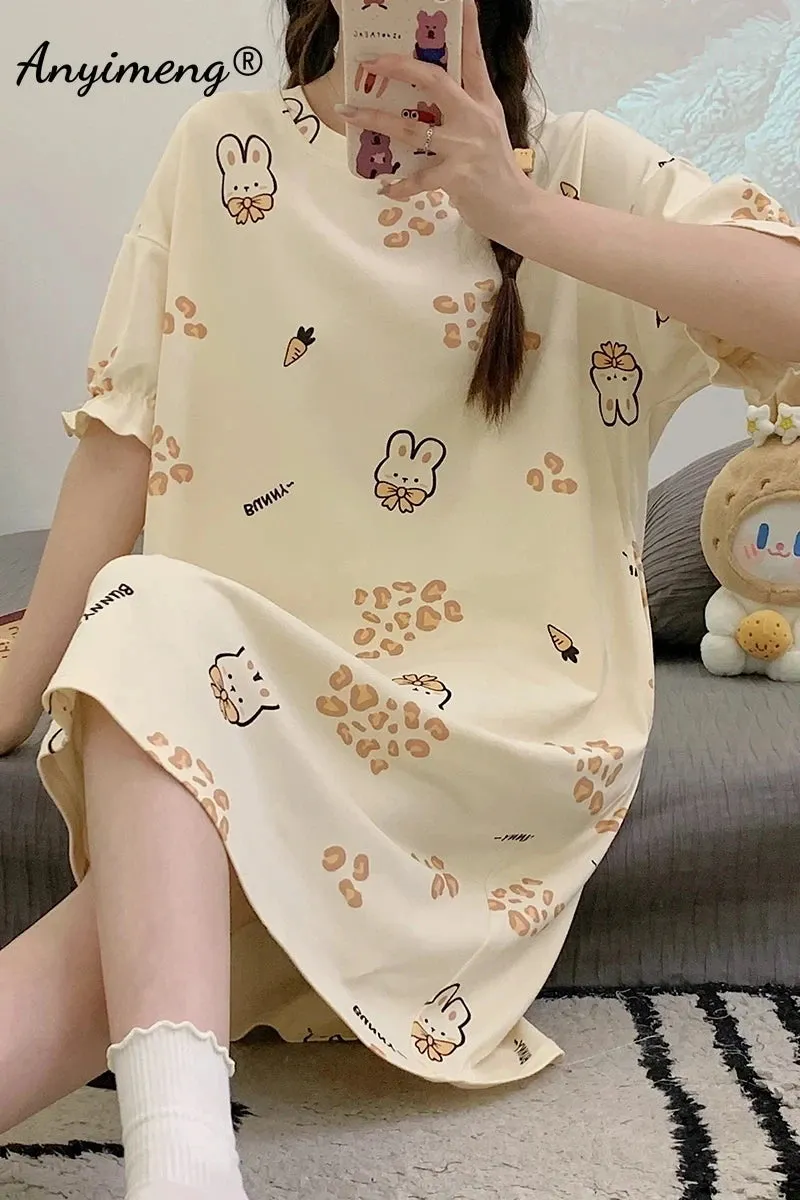 Summer Women's Pajamas Plus Size Ladies Home Ice Silk Nightgown Short Sleeve O Neck Dress 150Kg Women's Knee Length Nightgowns