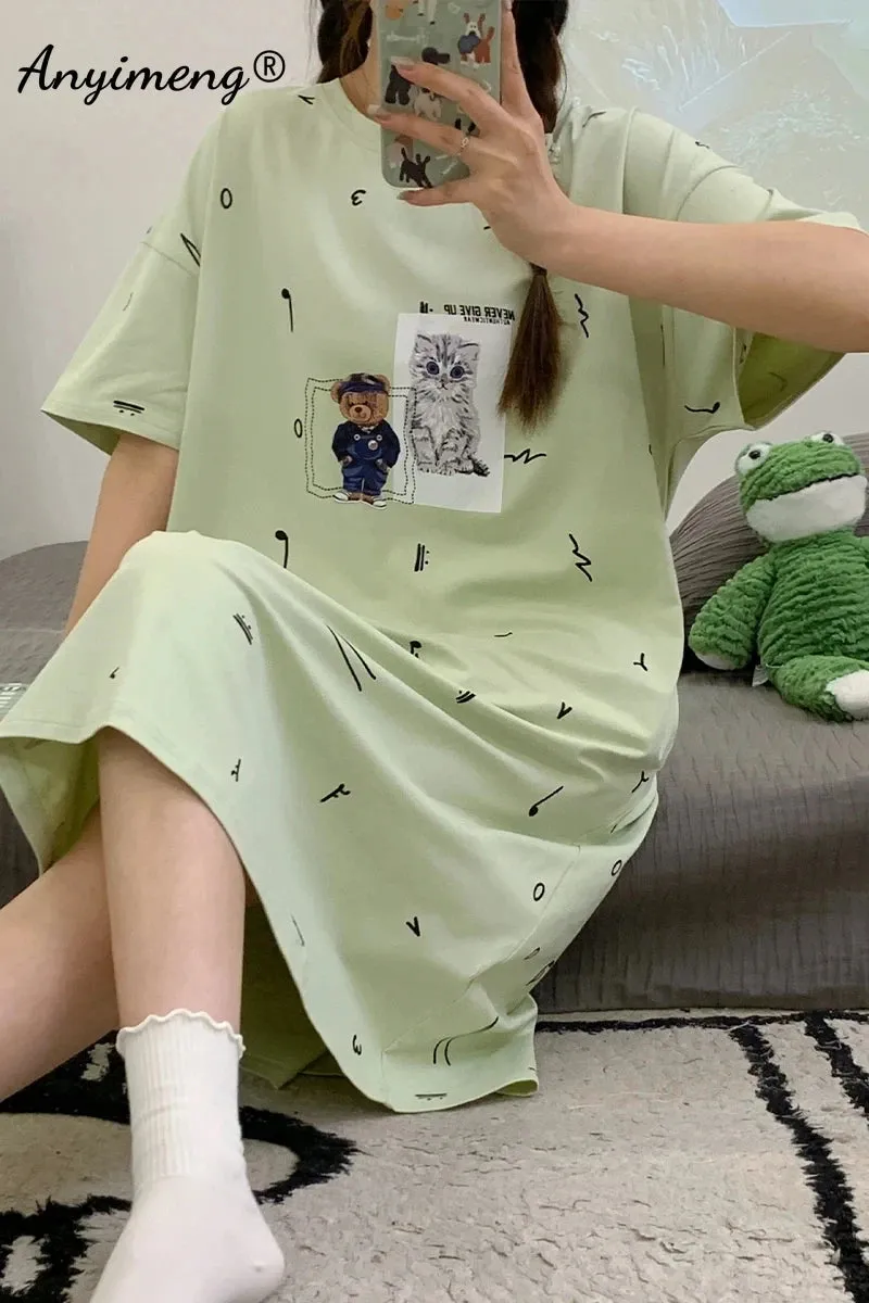 Summer Women's Pajamas Plus Size Ladies Home Ice Silk Nightgown Short Sleeve O Neck Dress 150Kg Women's Knee Length Nightgowns