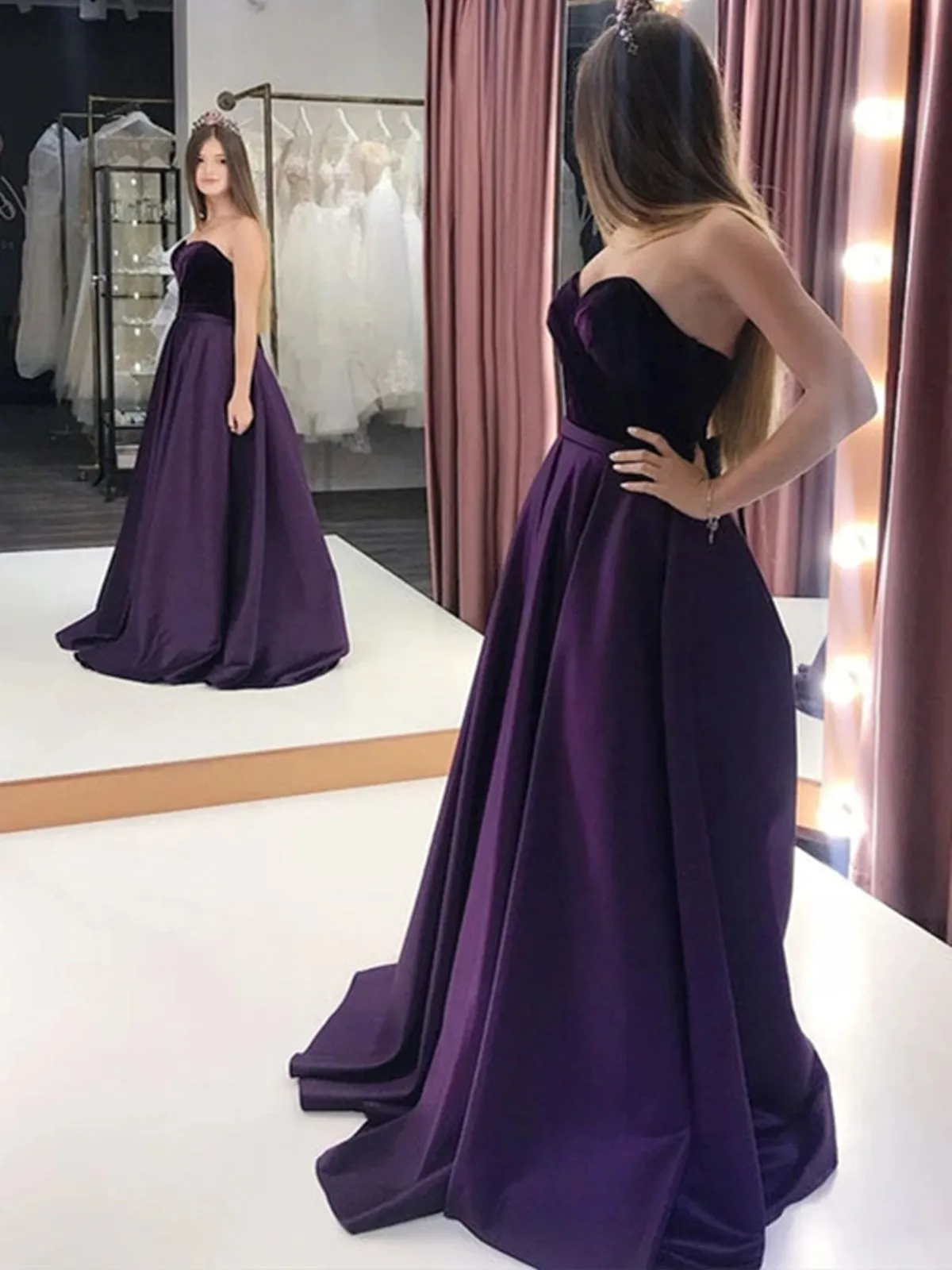 Sweetheart Neck Purple Satin Long Prom Dresses with Velvet Top, Long Purple Formal Graduation Evening Dresses