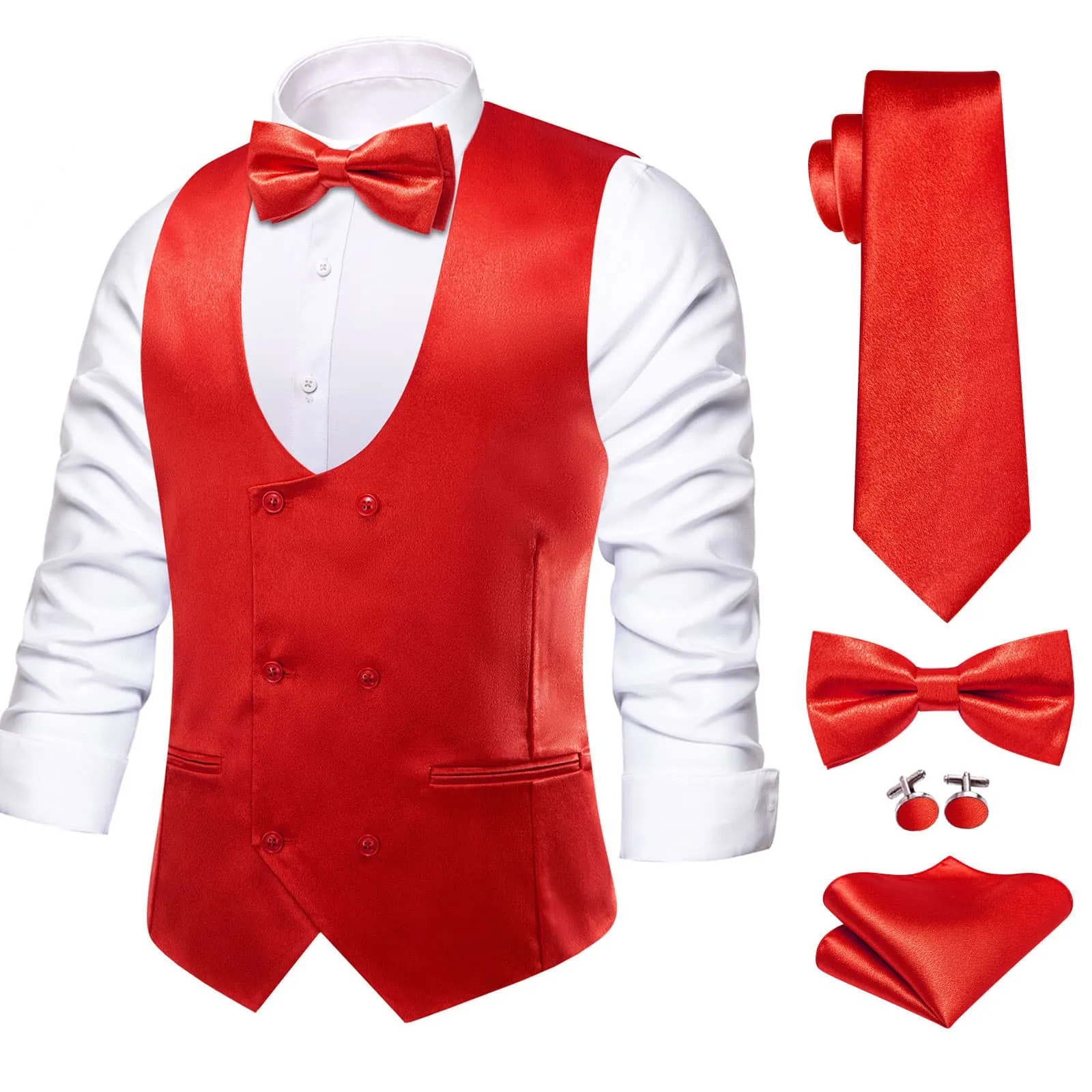 Ties2you Double Breasted Vest Lava Red Solid Mens Work Dress Vest Tie Bowtie Set 5PC