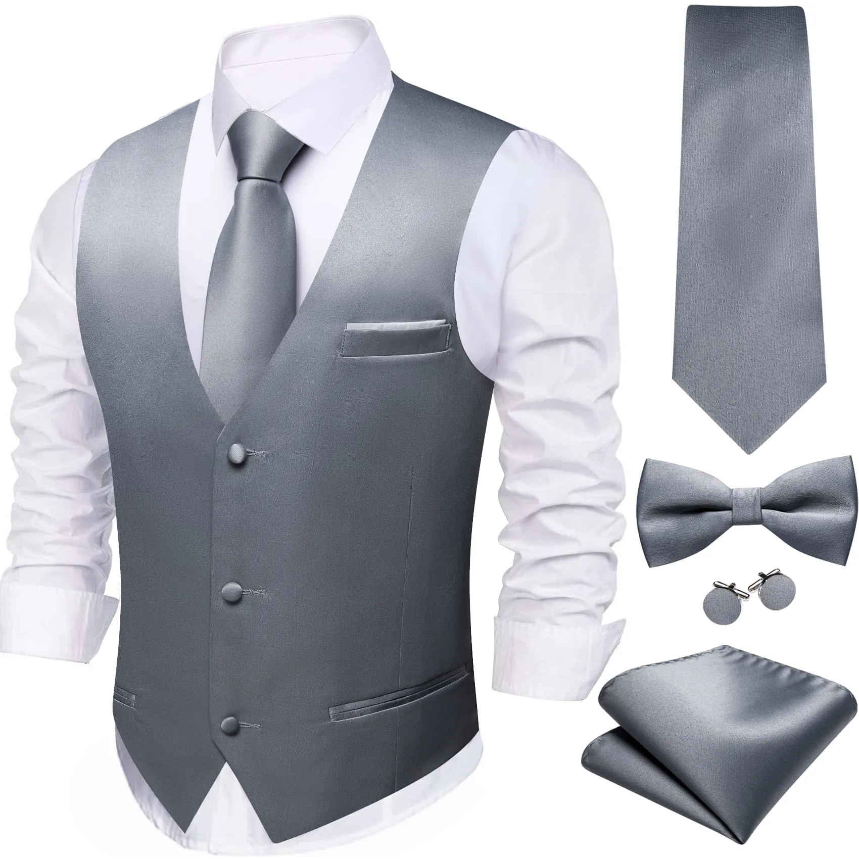 Ties2you Work Vest Payne Grey Solid Mens Dress Vest Necktie Bowtie Set 5PC