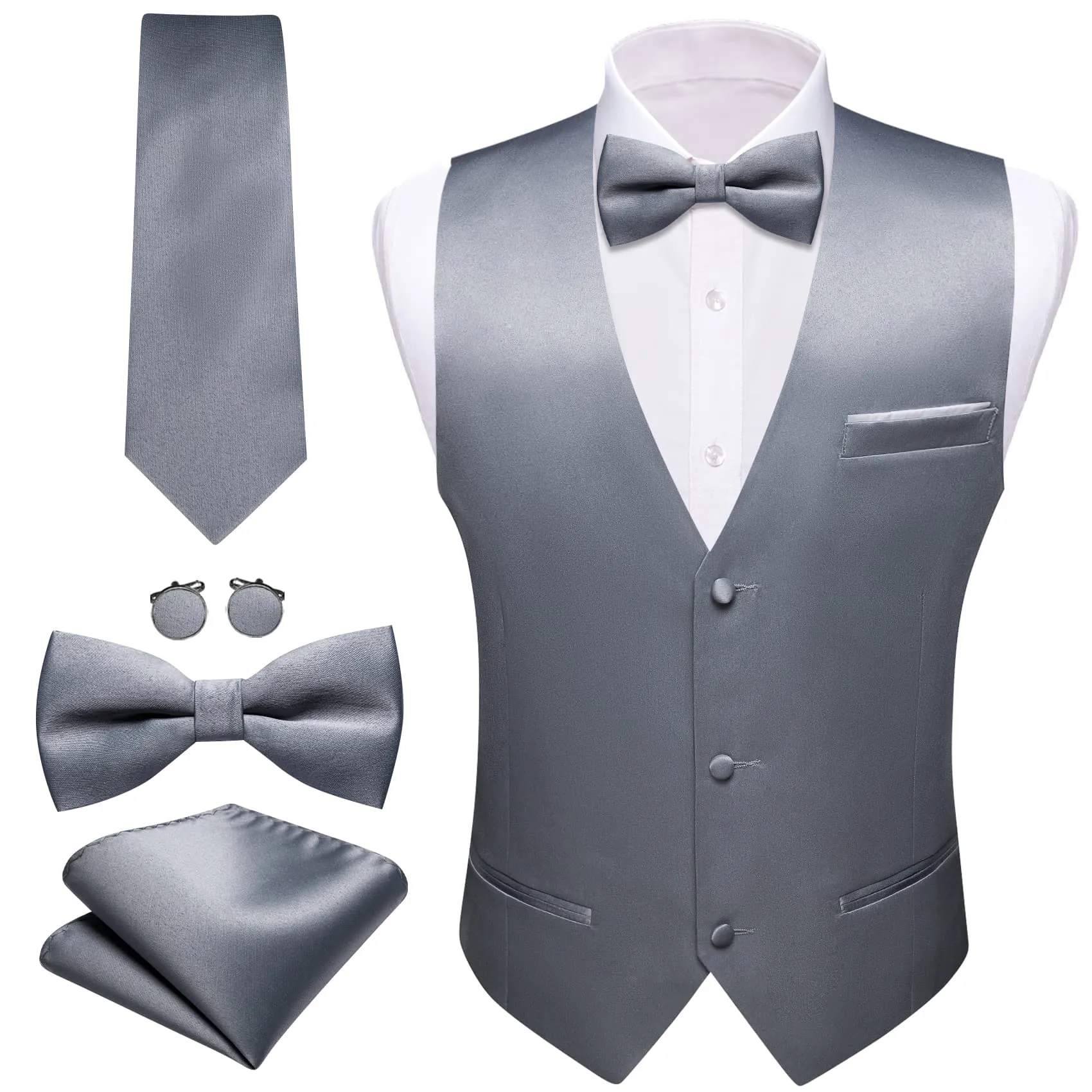 Ties2you Work Vest Payne Grey Solid Mens Dress Vest Necktie Bowtie Set 5PC