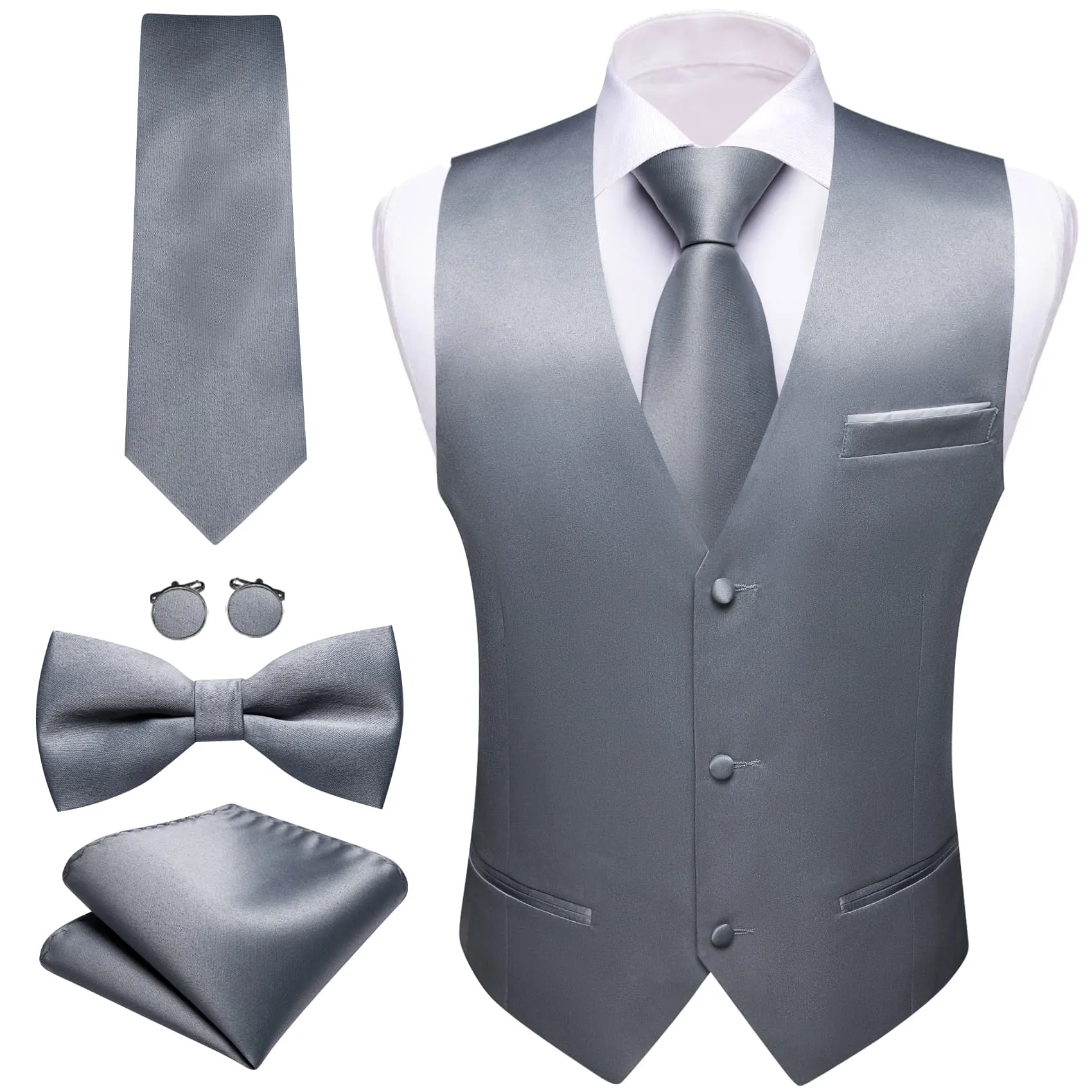 Ties2you Work Vest Payne Grey Solid Mens Dress Vest Necktie Bowtie Set 5PC