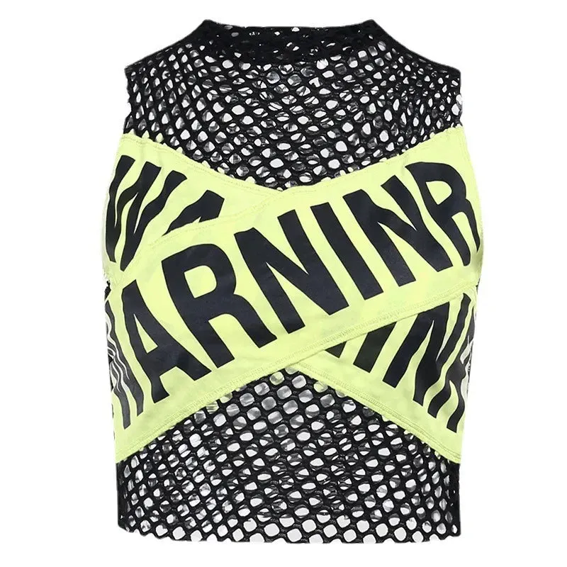 Trendy Mesh Hollow Out Warning Letter Patchwork Tank Top