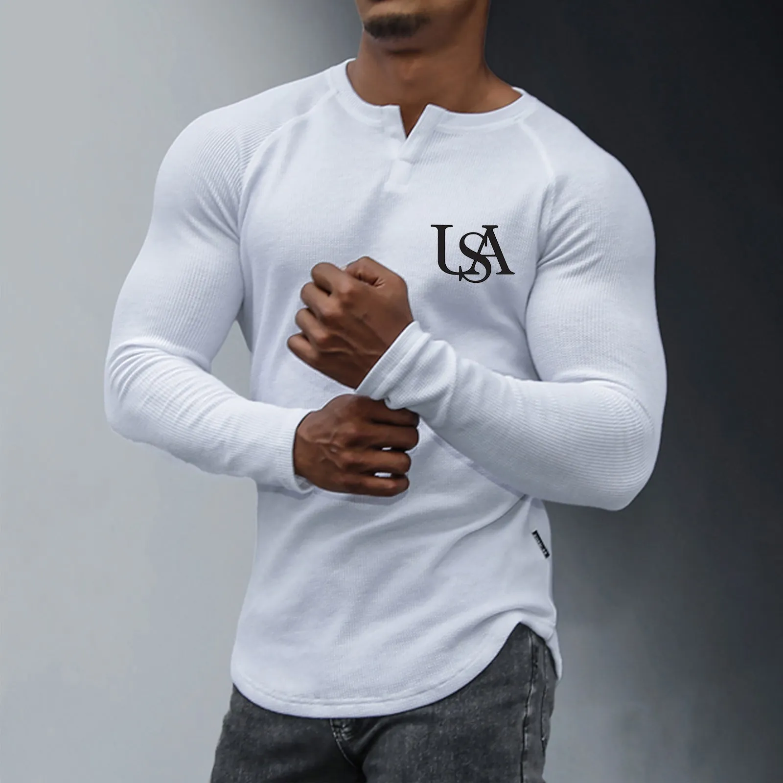 USA WAFFLE GRAPHIC HENLEY NECK LONG SLEEVE T-SHIRT