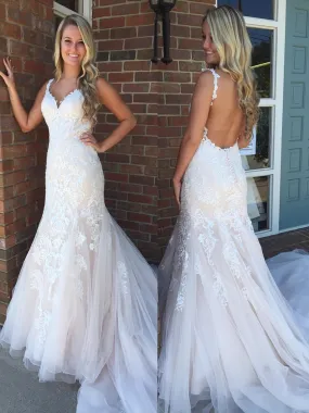 V Neck Backless Mermaid Champagne Lace Long Prom Wedding Dresses with Train, Champagne Lace Formal Evening Dresses