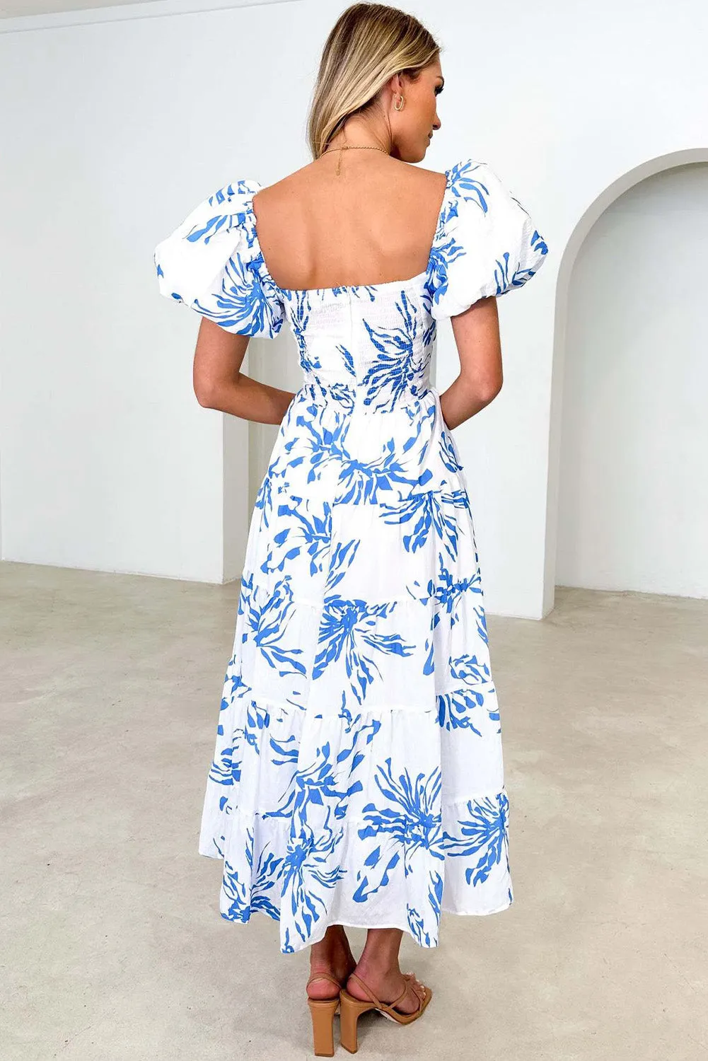 White Floral Print Bubble Sleeve Swing High End Dresses