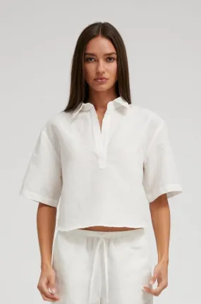 White Linen Cropped Oversized Henley Shirt