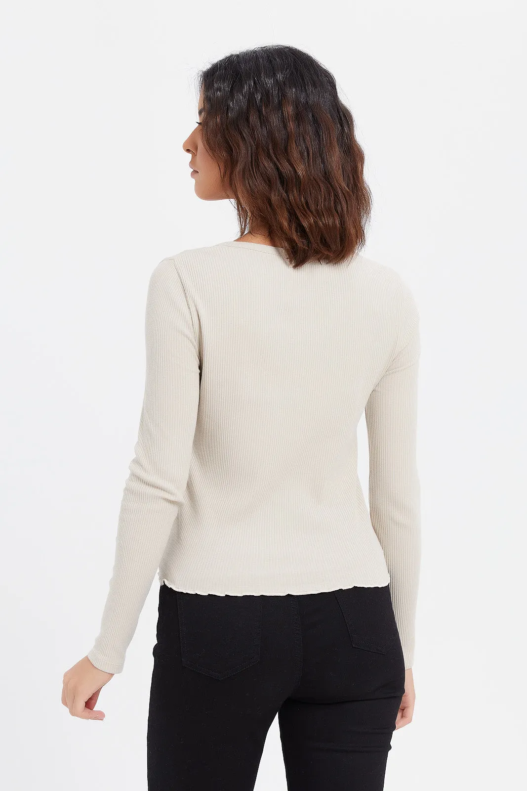 Women Cream Henley Long Sleeves T-Shirt