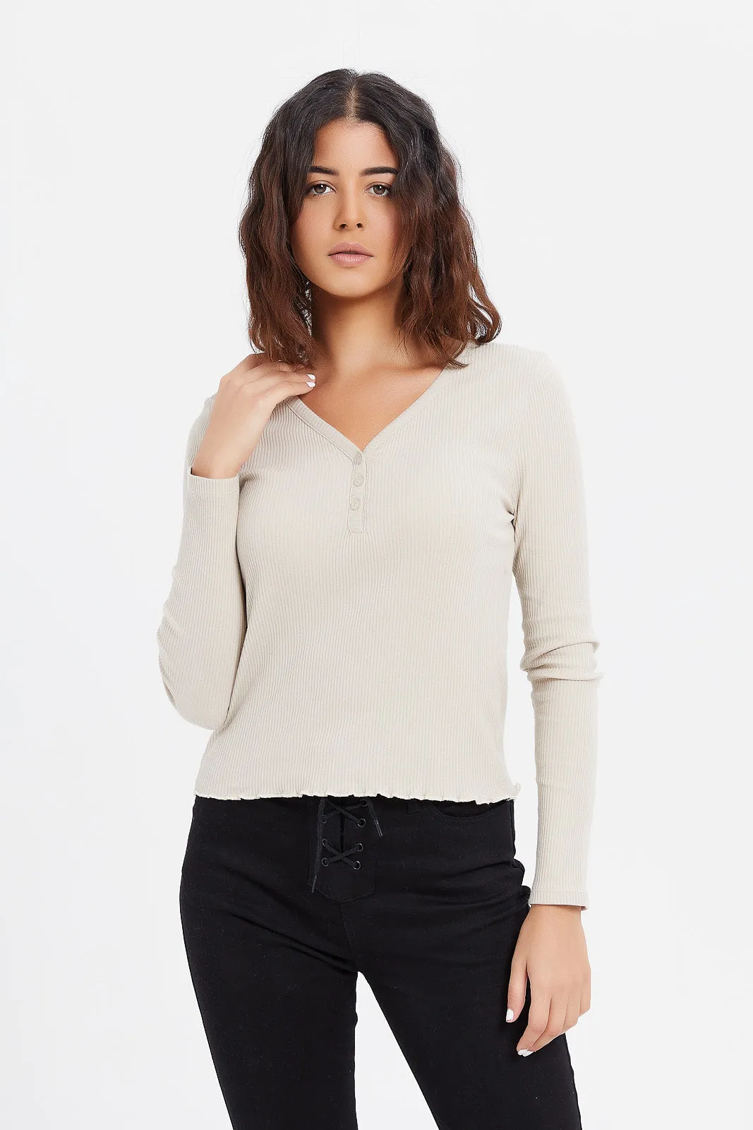 Women Cream Henley Long Sleeves T-Shirt