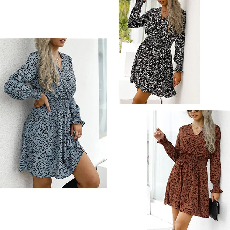 Women V-neck Floral Long Sleeve Loose Casual Dress