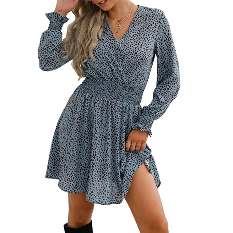 Women V-neck Floral Long Sleeve Loose Casual Dress