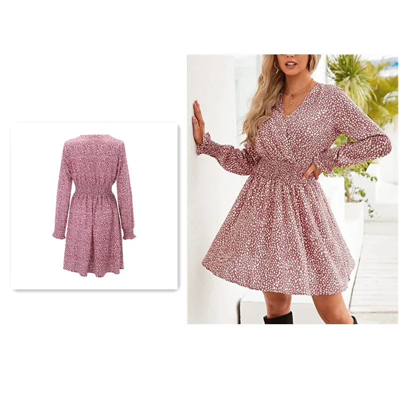 Women V-neck Floral Long Sleeve Loose Casual Dress