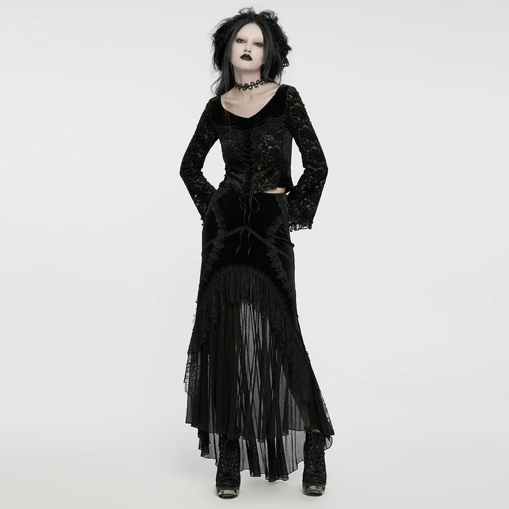 Women's Gothic Lace-up Flocking Mesh Splice Velvet Shirt