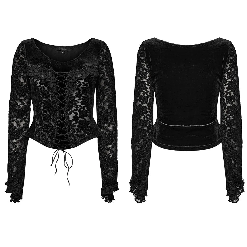 Women's Gothic Lace-up Flocking Mesh Splice Velvet Shirt