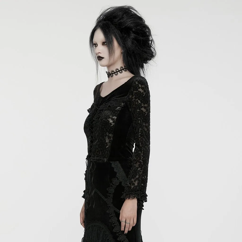 Women's Gothic Lace-up Flocking Mesh Splice Velvet Shirt