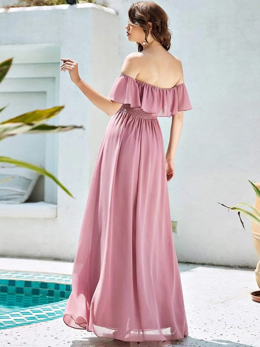 Women's Off Shoulder Ruffle Thigh Split Bridesmaid Dresses