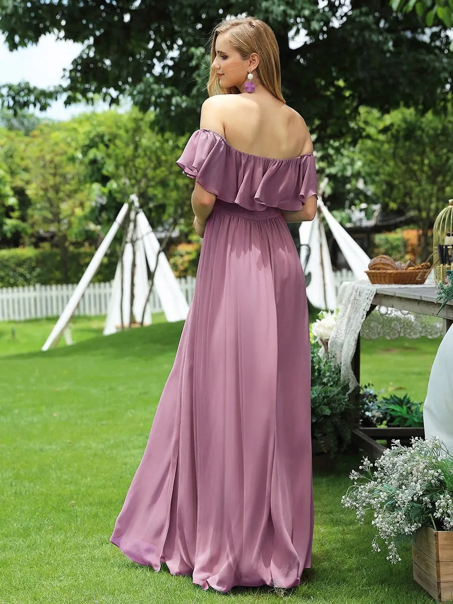 Women's Off Shoulder Ruffle Thigh Split Bridesmaid Dresses