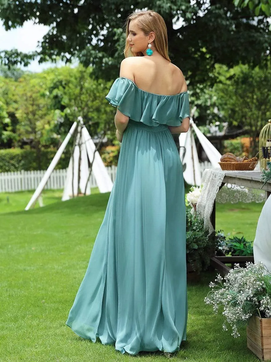 Women's Off Shoulder Ruffle Thigh Split Bridesmaid Dresses