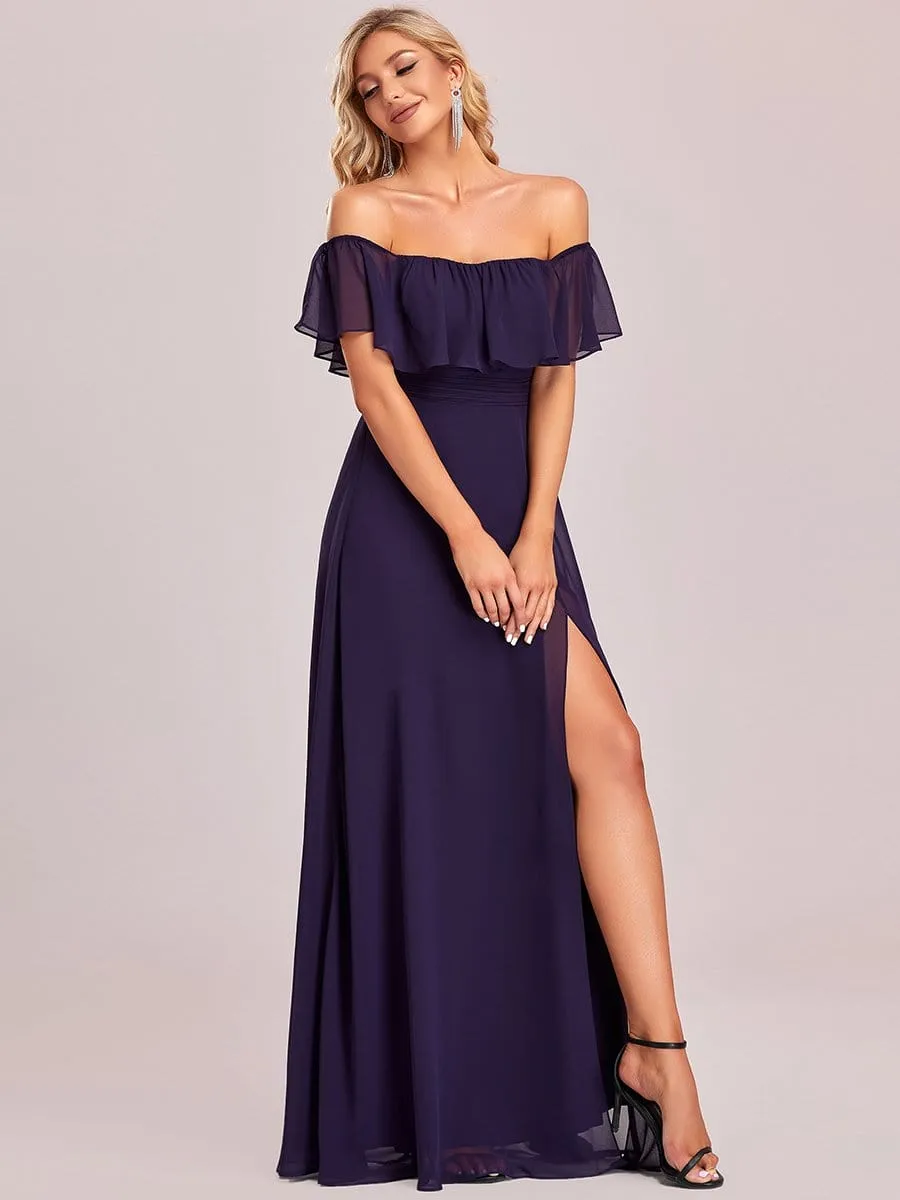 Women's Off Shoulder Ruffle Thigh Split Bridesmaid Dresses