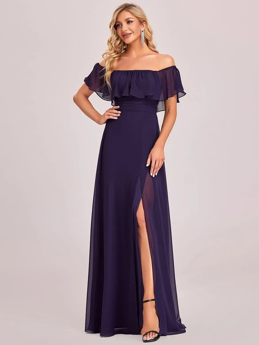 Women's Off Shoulder Ruffle Thigh Split Bridesmaid Dresses