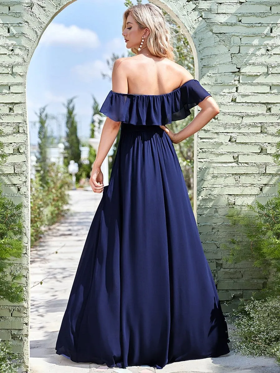 Women's Off Shoulder Ruffle Thigh Split Bridesmaid Dresses