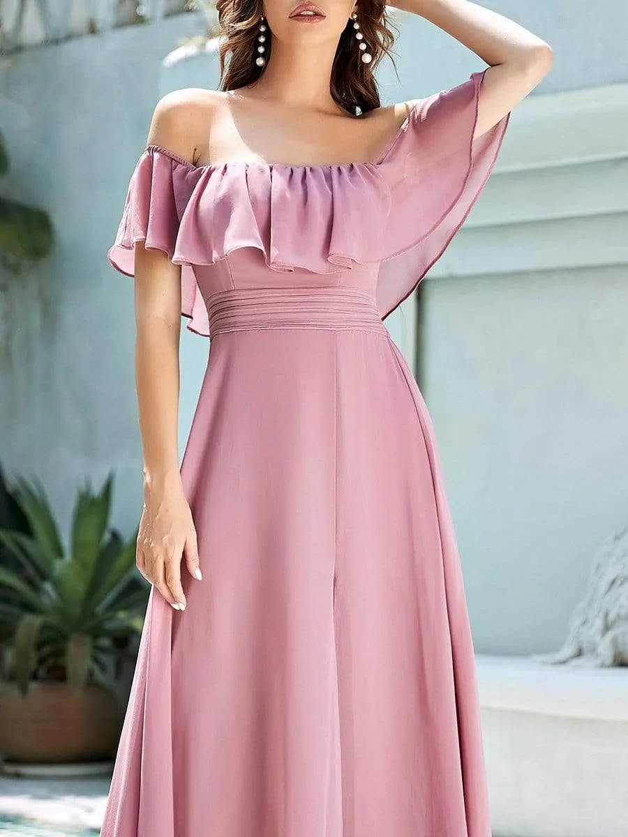 Women's Off Shoulder Ruffle Thigh Split Bridesmaid Dresses